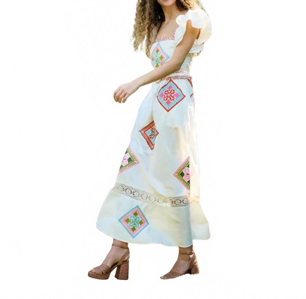 NEW BROOKS AVENUE margaret midi dress in tile hand embroidered